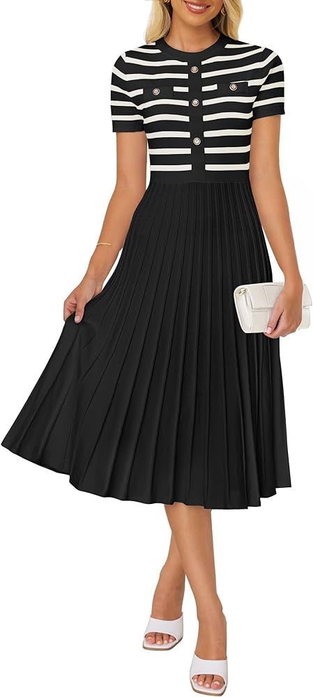 ZESICA Women's Casual Striped Midi Dress Crewneck Short Sleeve Button Ribbed Knit Swing Pleated A... | Amazon (US)