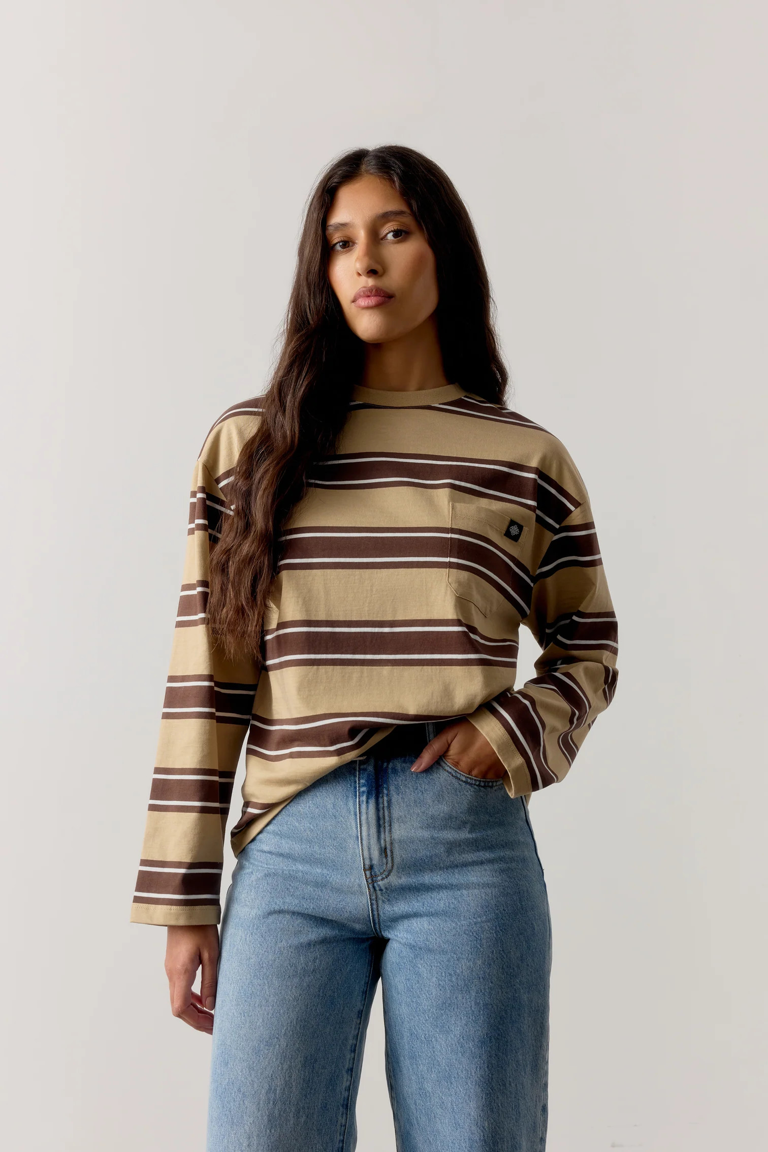 STRIPE POCKET LONG SLEEVE T SHIRT - CHOCOLATE | The Couture Club