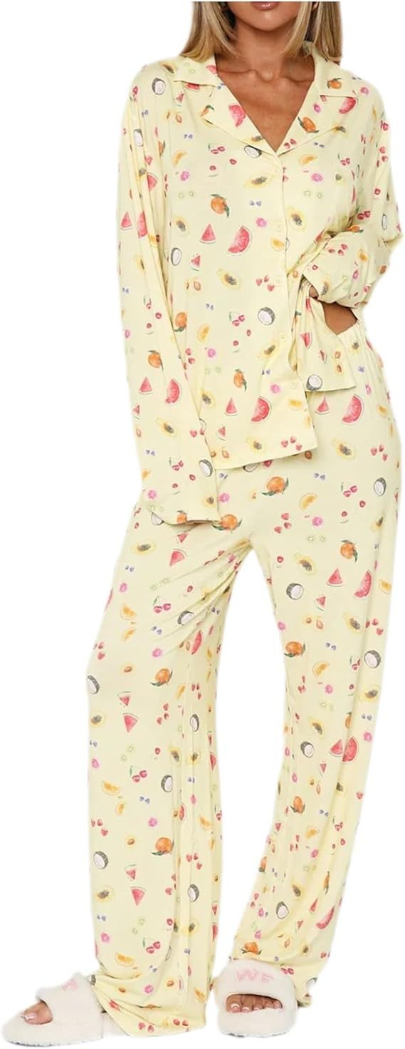 Womens 2 Piece Fruit Pajamas Set Cute Pjs Button Down Long Sleeve Wide Leg Y2K Coquette Fall Loun... | Amazon (US)