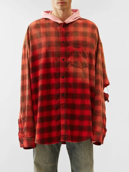Balenciaga - Oversized Distressed Cotton-flannel Hooded Shirt - Mens - Red Black - 2 | Matches (US)