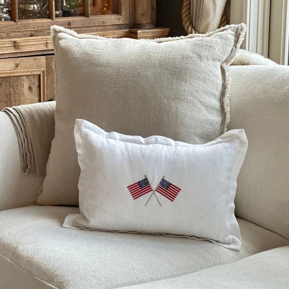 American Flag Embroidered Linen Pillow | Patriotic Decor | Arte Italica | Arte Italica & Crown Linen Designs