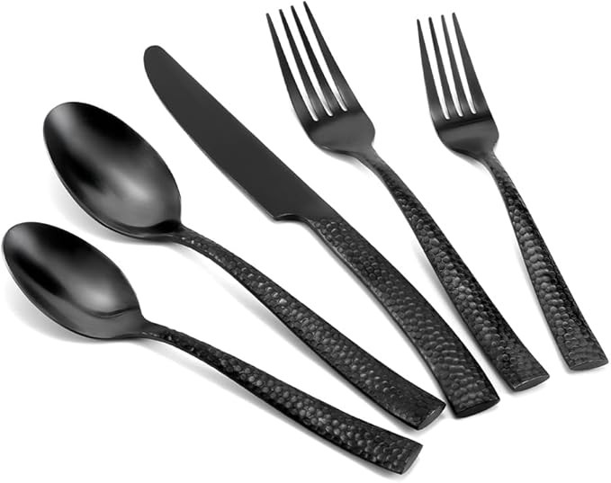 Silverware Set Flatware Set Matte Black Stainless Steel Forged Hammered Cutlery Set Heavy 40 Piec... | Amazon (US)