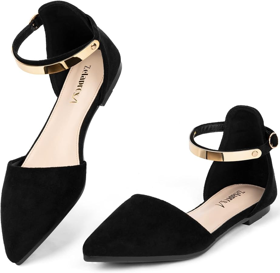 Zelaprox Women's Black Pointed Toe Flats Rhinestone Bow Ankle Strap Ballet Flats Comfortable Slip... | Amazon (US)