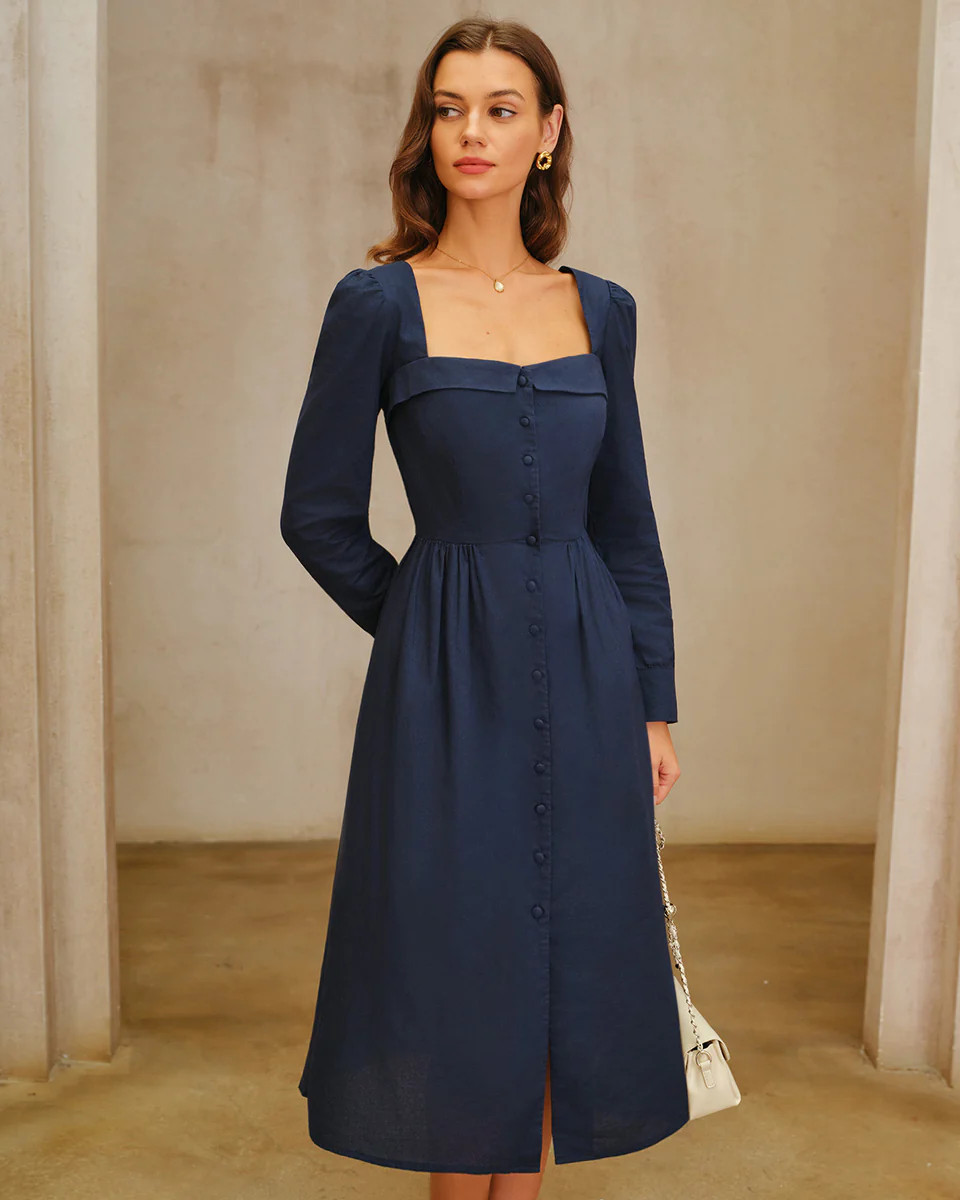 Navy Square Neck A-Line Midi Dress | rihoas.com
