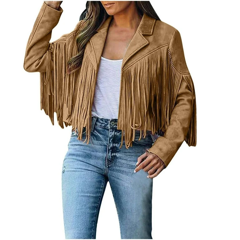 Hvyesh Fringe Jacket Women Western Faux Suede Leather Blazer Jacket Loose Cowboy Style Long Sleev... | Walmart (US)