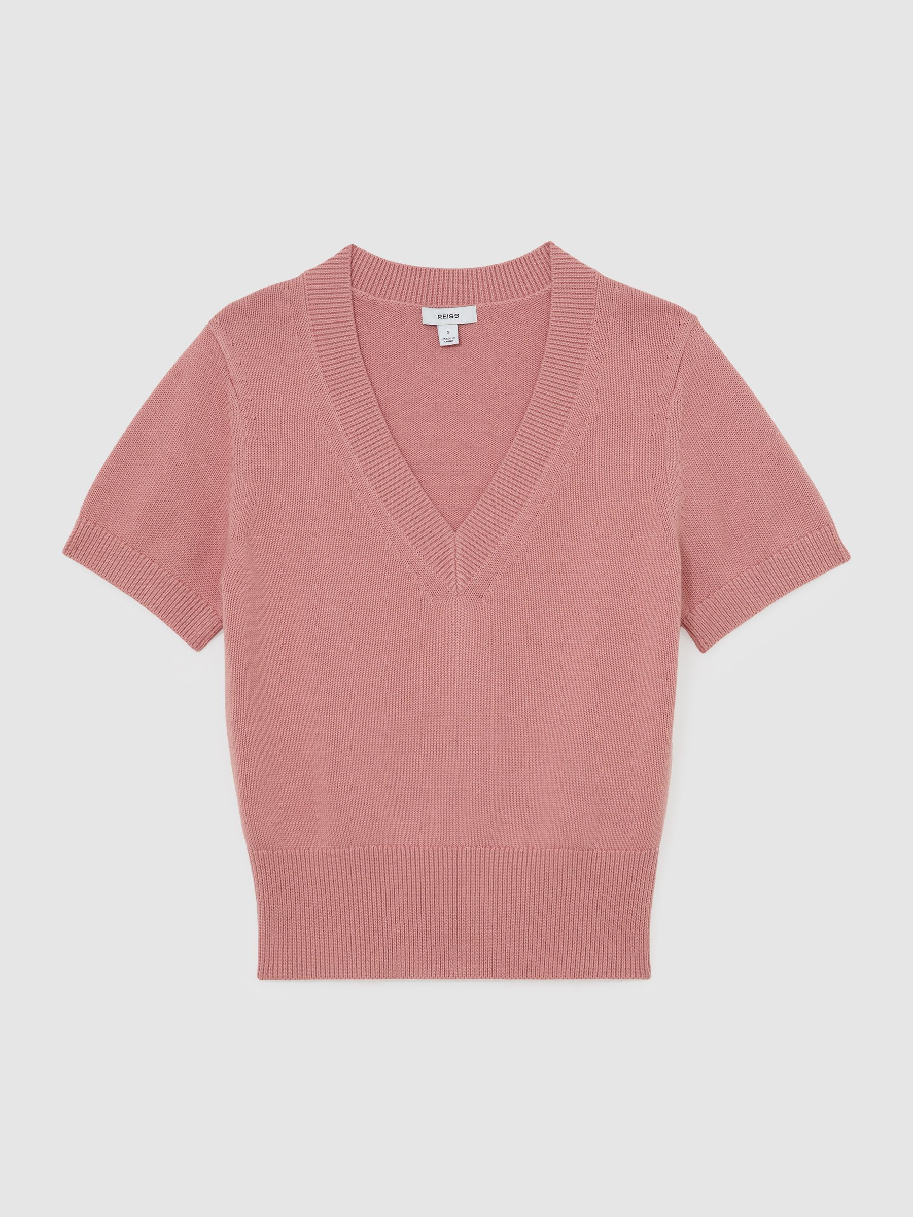 Reiss Cotton-Wool Knit V-Neck Top in Pink - REISS | Reiss UK