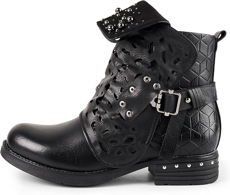 LALA IKAI Women Motorcycle Boots Combat Ankle Combat Boots with Studded Low Block Heels Biker Sho... | Amazon (US)