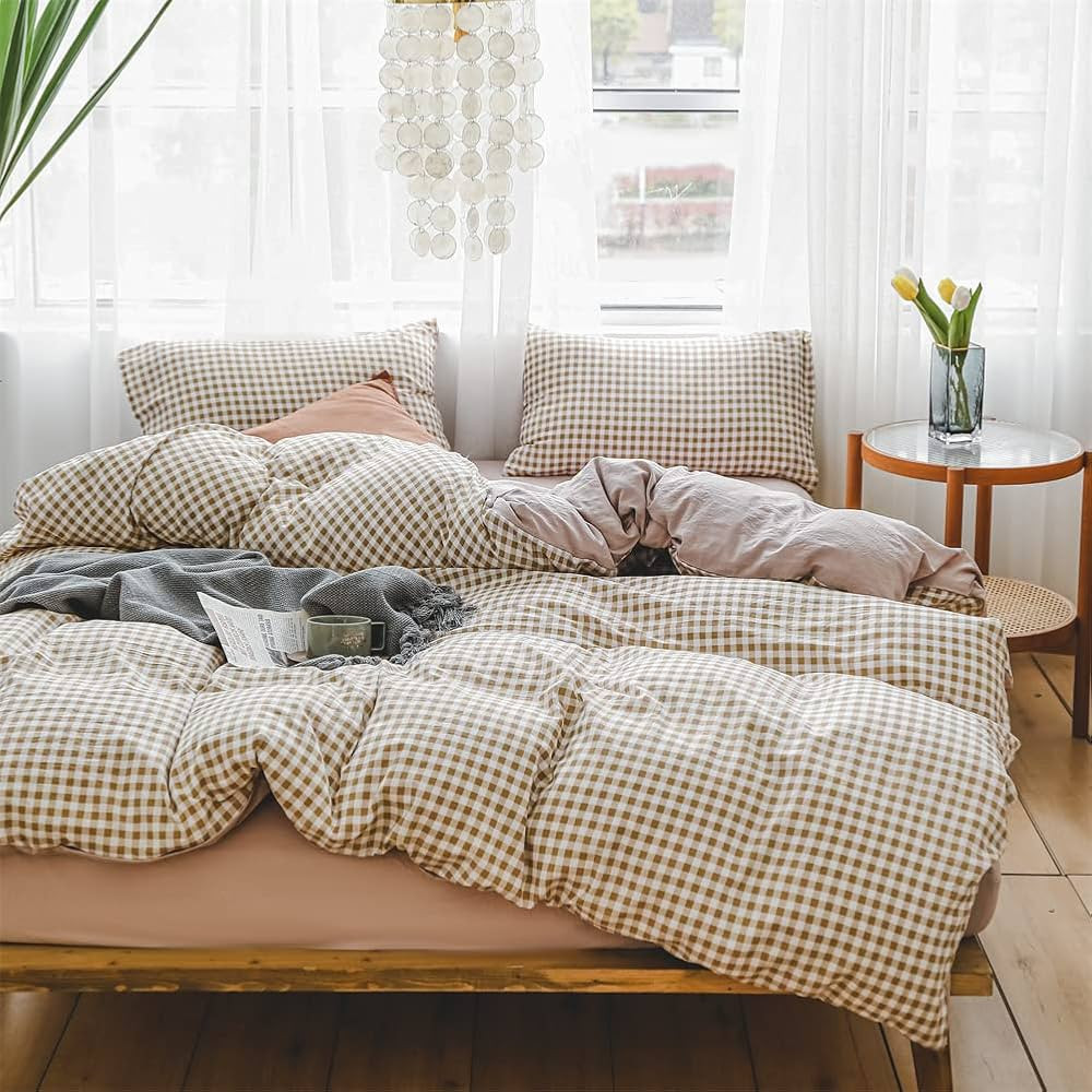 NSNLGSGC King Gingham Grid Duvet Cover Set Tan- Washed Microfiber Plaid Comforter Cover Set Brown... | Amazon (US)