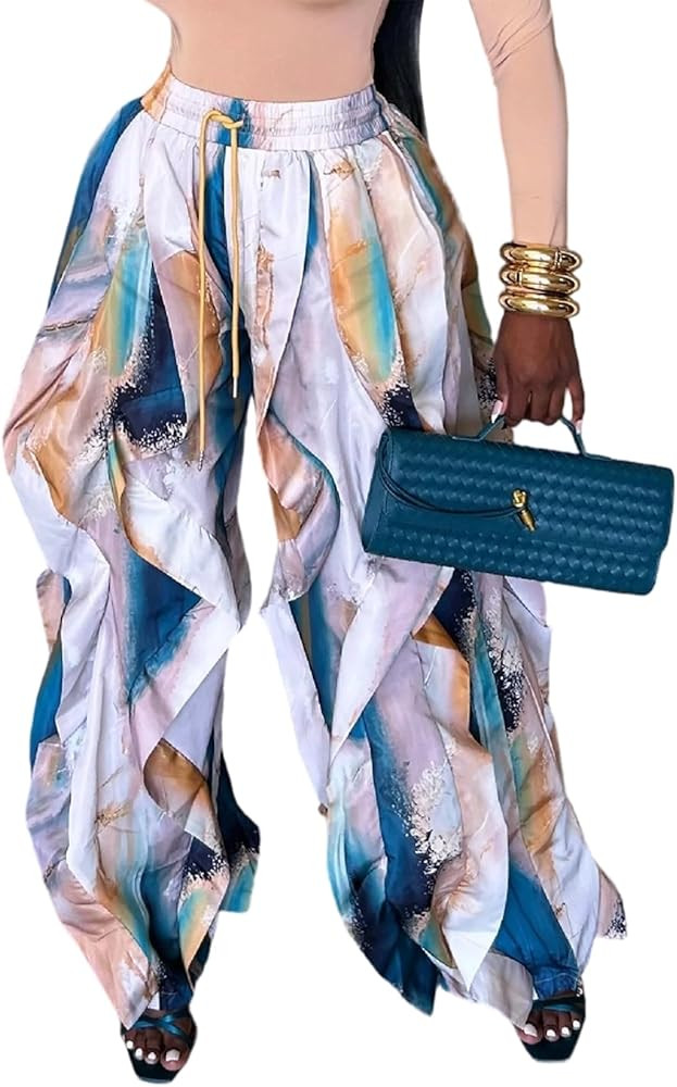 LETSVDO Women's Baggy Ruffle Fringe Pants Drawstring Elastic Waist Barrel Lantern Parachute Wide ... | Amazon (US)