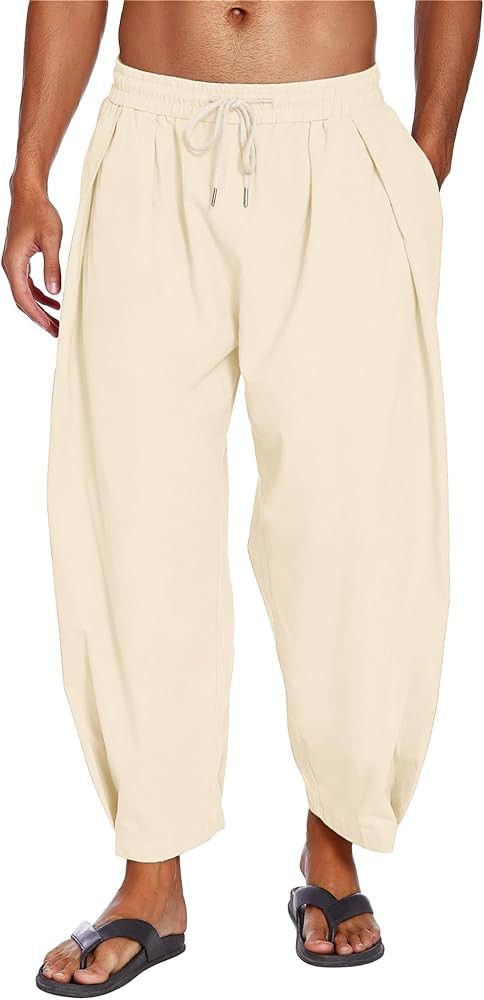 COOFANDY Men's Cotton Linen Harem Pants Drawstring Casual Cropped Trousers Lightweight Loose Beac... | Amazon (US)