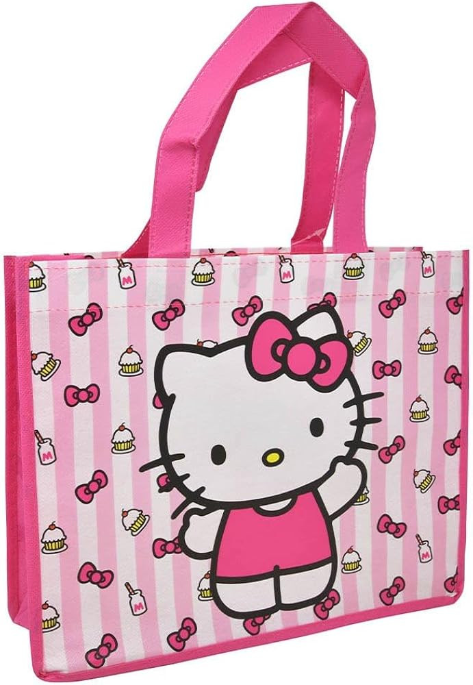 Fast Forward Hello Kitty Reusable Shopping Tote Bag, Pink Striped Pattern with Cupcake Design, Me... | Amazon (US)