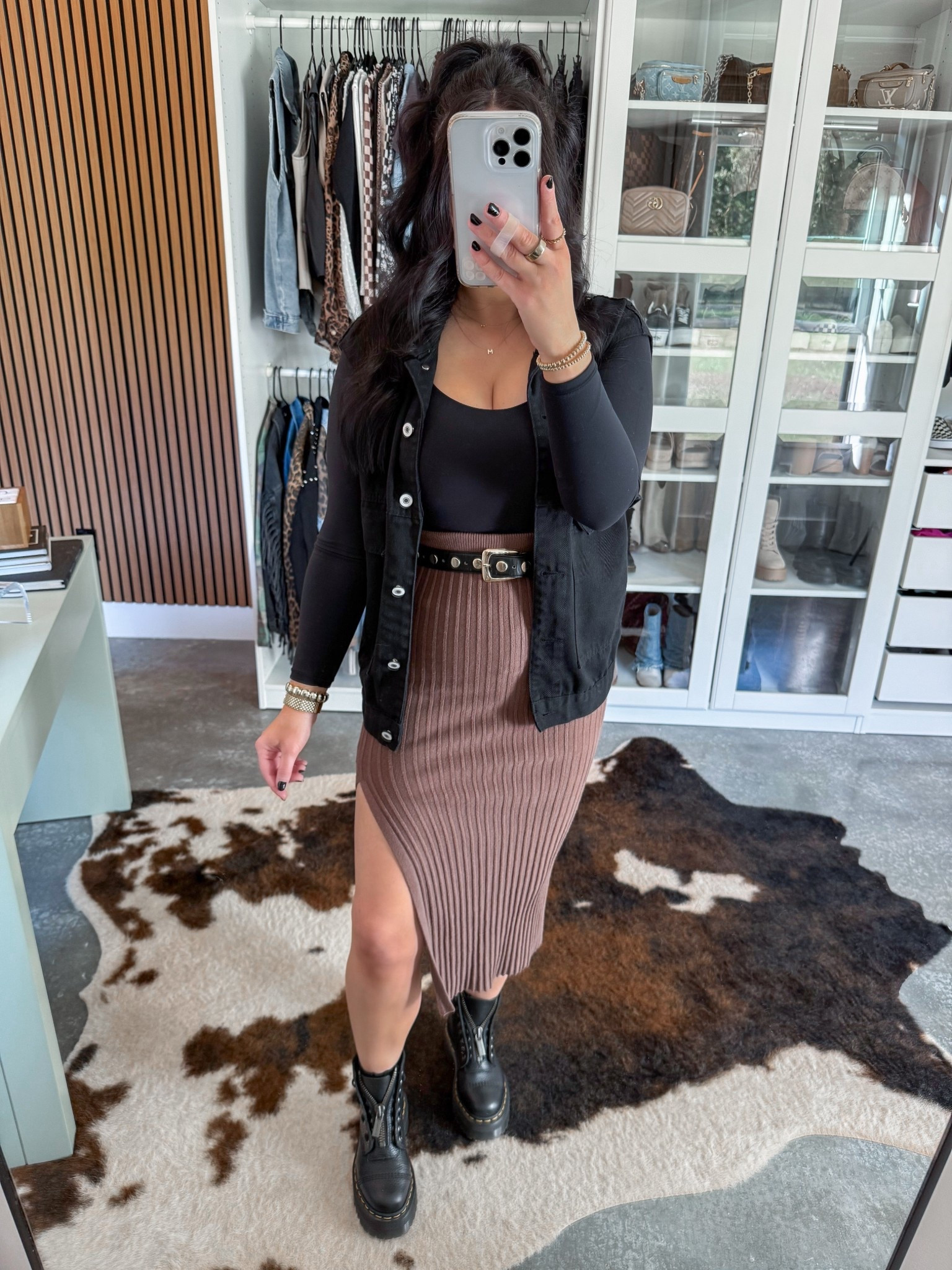 Bodysuit - small
Denim Vest - xs (a-dark black option)
Skirt - xs (taupe color)
Belt - 27-31

Black & brown is just the best combo! 😍 Paired this ribbed midi bodycon skirt with a black scoop neck bodysuit, added this oversized denim vest & my black & gold studded belt! Finished the look with some ruffle socks & my platform doc martens. 🖤



#LTKFindsUnder50 #LTKPetite #LTKFindsUnder100