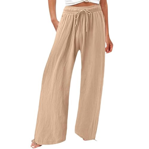 Khaki Casual Loose Fit Drawstring Long Pants for Womens Khaki Plus Size High Waisted Palazzo Pants Khaki Flowy Wide Leg Linen Pants High Waist Wide Leg Trousers | Amazon (US)