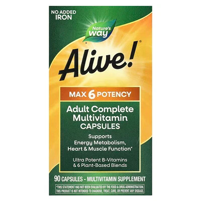 Nature's Way, Alive!® Max6 Potency, Adult Complete Multivitamin, No Added Iron, 90 Capsules | iHerb