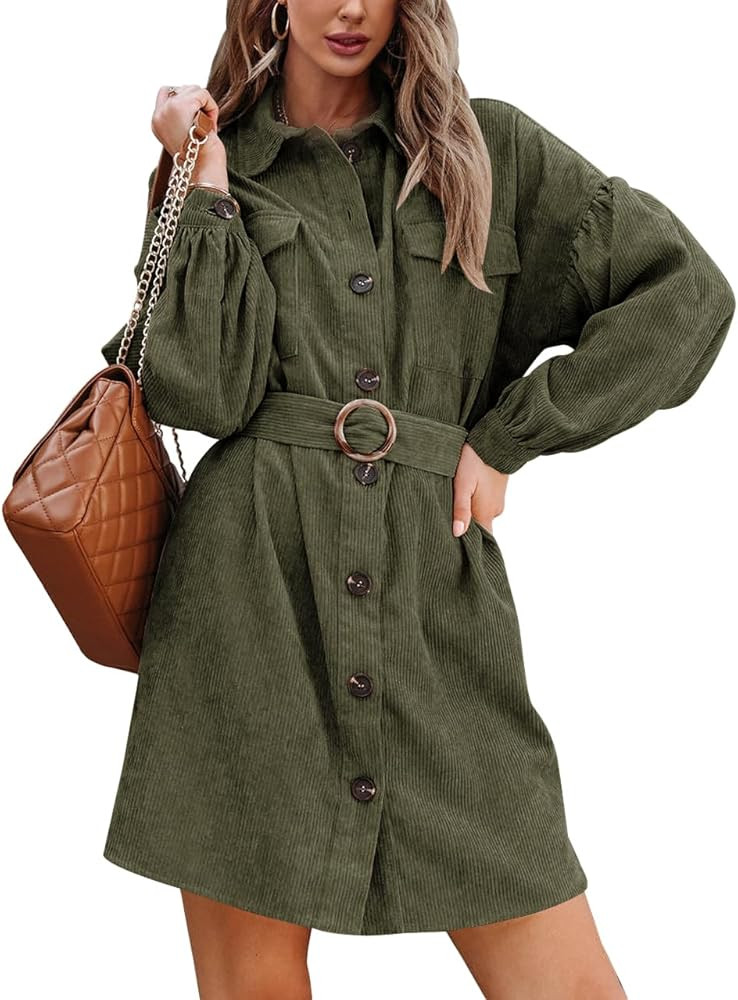 FSHAOES Women's Casual Corduroy Long Sleeve Belted Dresses Fall Button Down Shirt Dress | Amazon (US)