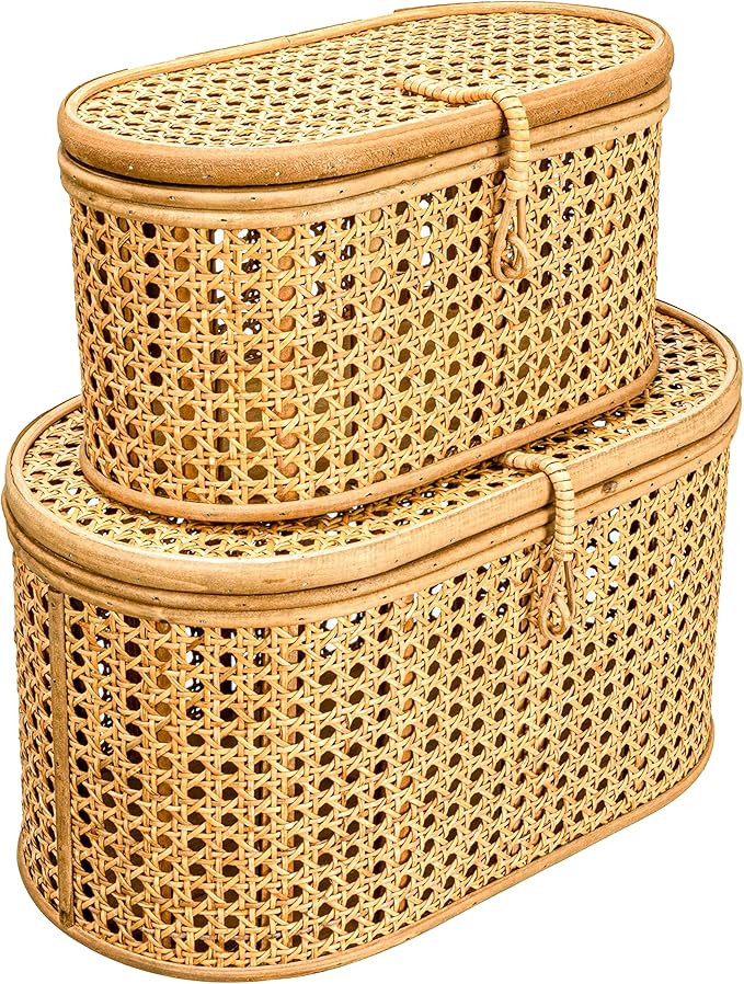 Creative Co-Op Modern Decorative Oval Woven Rattan, Set of 2 Sizes, Natural Finish Storage Box | Amazon (US)