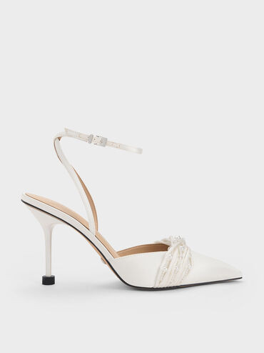 White Leda Beaded Satin Ankle-Strap Pumps | CHARLES & KEITH UK | Charles & Keith UK