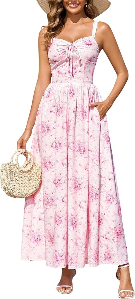 URYIAO Floral Corset Maxi Dress Lace Up Flowy Sundress Summer Wedding Guest Dresses for Women wit... | Amazon (US)