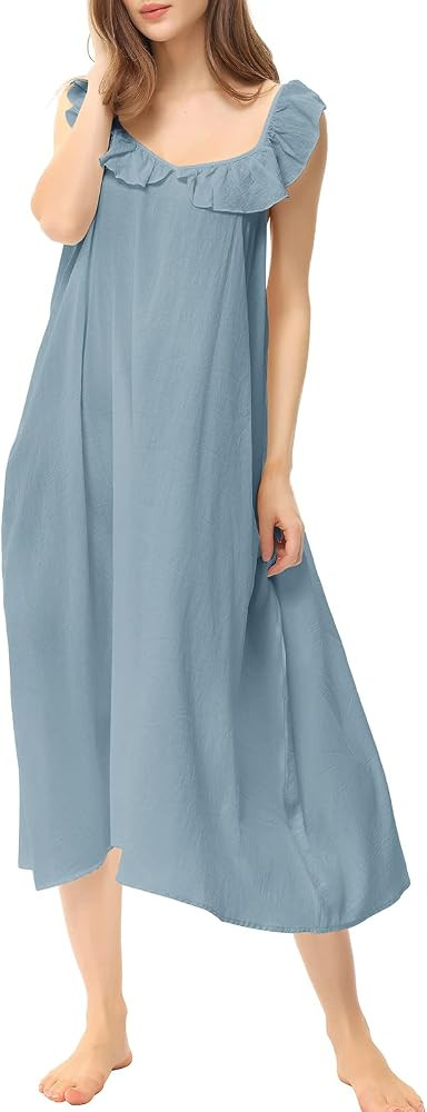 Zexxxy Women's Cotton Nightgowns Victorian Sleeveless Long Sleeping Dress Cute Ruffle Spaghetti S... | Amazon (US)