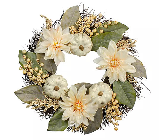 Northlight 22" Dahlia & Pumpkin Fall Floral Wreath - QVC.com | QVC