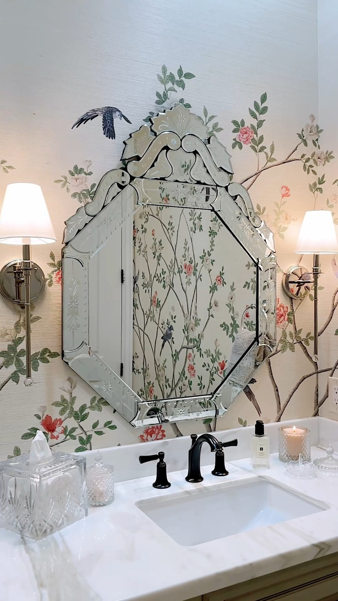 So in LOVE with this Chinoiserie grasscloth / sisal wallpaper we used in our powder bathroom! Be sure to really measure your walls and make sure it will fit your wall height. We ended up having a lot of blank space from where the pattern ends (top of trees) because our ceilings are 10 ft high but thankfully the grasscloth still covers it all. It’s just a little more white space than I had envisioned. Some prints like this are very short - so beware of that! This was the only chinoiserie I could find that went this high. This one is about 7-8 feet tall until the pattern ends. Oh!!! And be sure to get the “sisal”! Some websites sell a flat print for cheaper and in other colors but I chose sisal and it’s a very nice ivory color with texture! 

#LTKSeasonal #LTKStyleTip #LTKHome