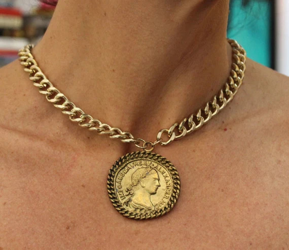 Valentine SALE, golden medal pendant, statement necklace, one of a kind, thick chain, Boho jewelry,  | Etsy (US)