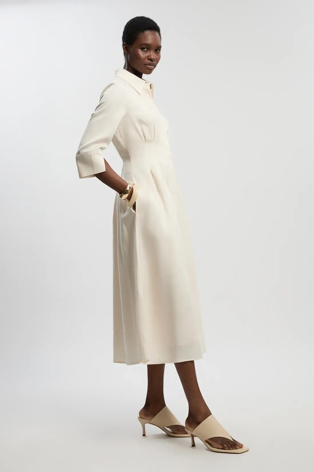 Ivory Tailored Linen Darted Waist Midi Dress | Karen Millen | Karen Millen