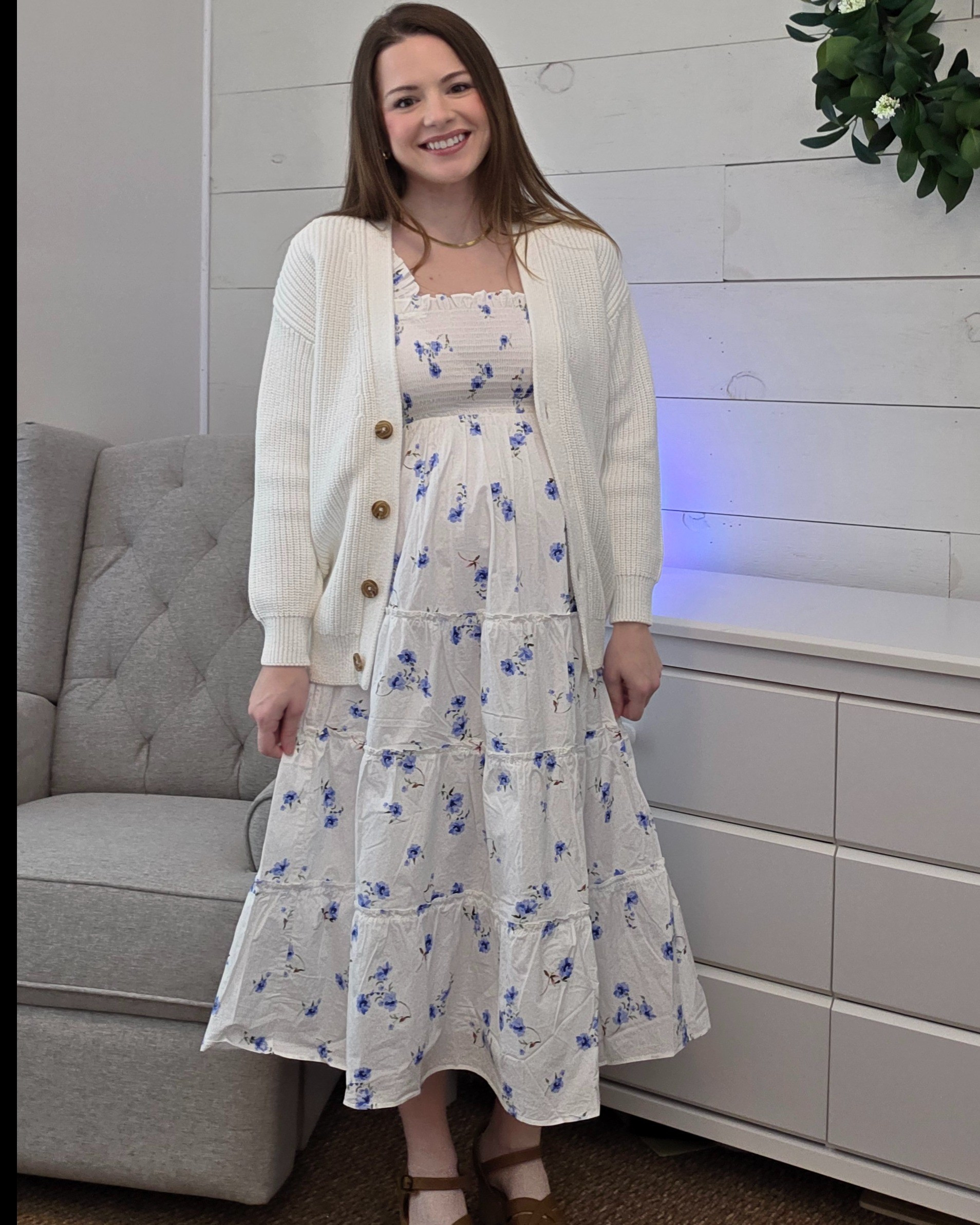 White floral smocked maternity dress and knit cardigan 

#LTKValentine #LTKBeauty #LTKBump