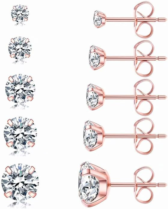 5 Pairs Stud Earrings Set, Hypoallergenic Cubic Zirconia 316L Earrings Stainless Steel CZ Earring... | Amazon (US)