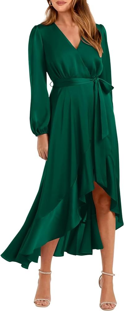 PRETTYGARDEN Women's 2023 Fall Dresses Casual Long Sleeve Wrap V Neck Maxi Dress High Low Wedding... | Amazon (US)