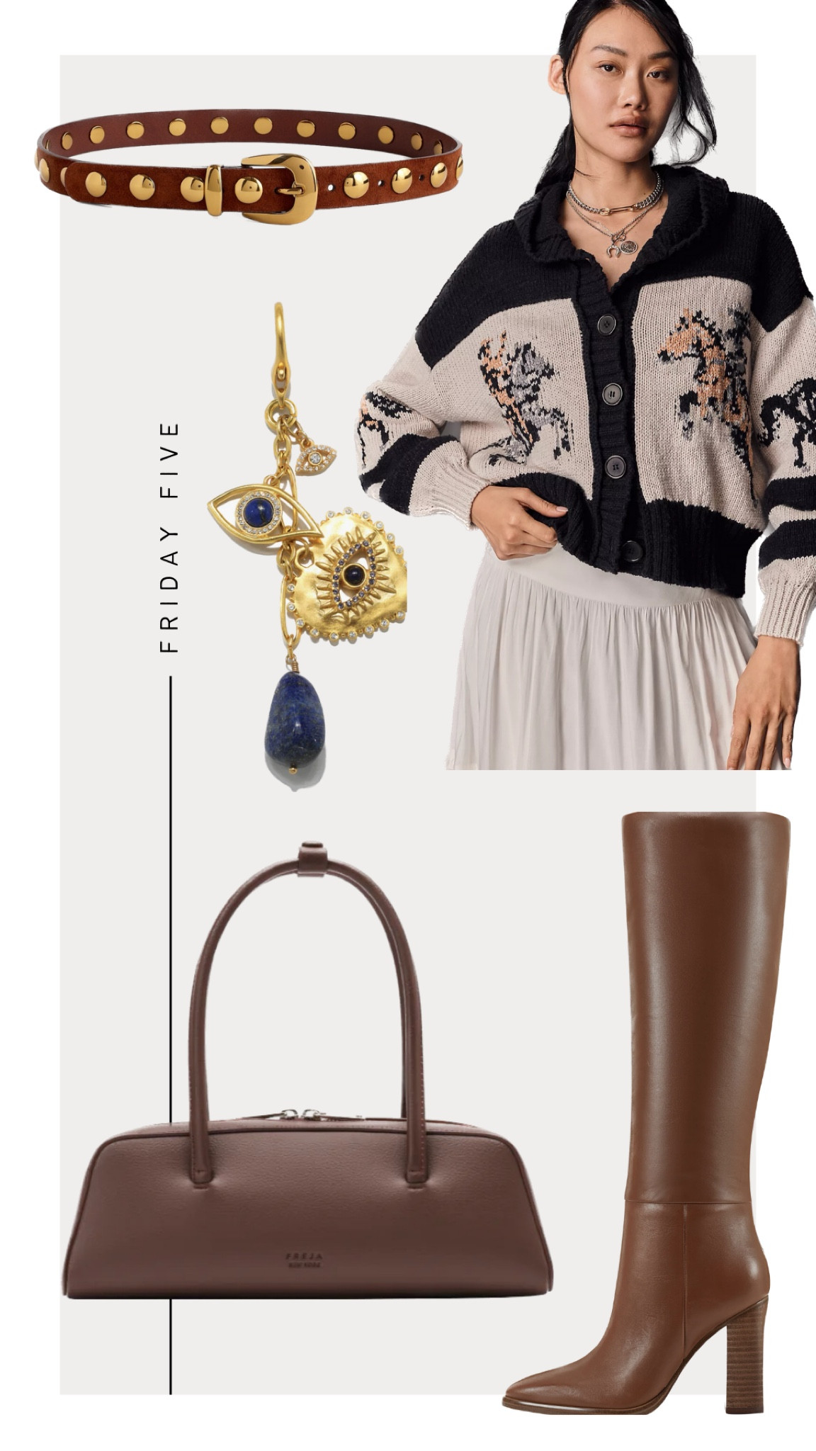 Friday Five: 

1. Madewell Studded Belt 
2. Anthro Horse Sweater 
3. Evil Eye Bag Charm from Sequin Jewelry - Code: KristinRose20 
4. Freja Mercer Bag 
5. Marc Fisher Lannie Boots 


#LTKShoeCrush #LTKStyleTip #LTKItBag
