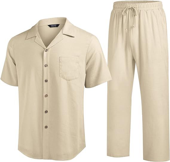 COOFANDY Men 2 Piece Linen Outfit Beach Button Down Shirt Casual Loose Pant Sets | Amazon (US)
