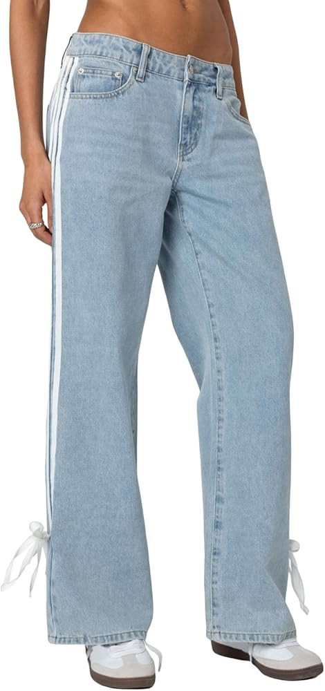 Karwuiio Women's Low Rise Jeans Y2k Baggy Striped Bow Waisted Straight Wide Leg Denim Pants Stree... | Amazon (US)
