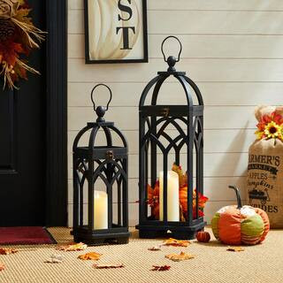 Glitzhome Black Farmhouse Church Window Wood/Metal Lanterns (Set of 2) 2009000026 - The Home Depo... | The Home Depot