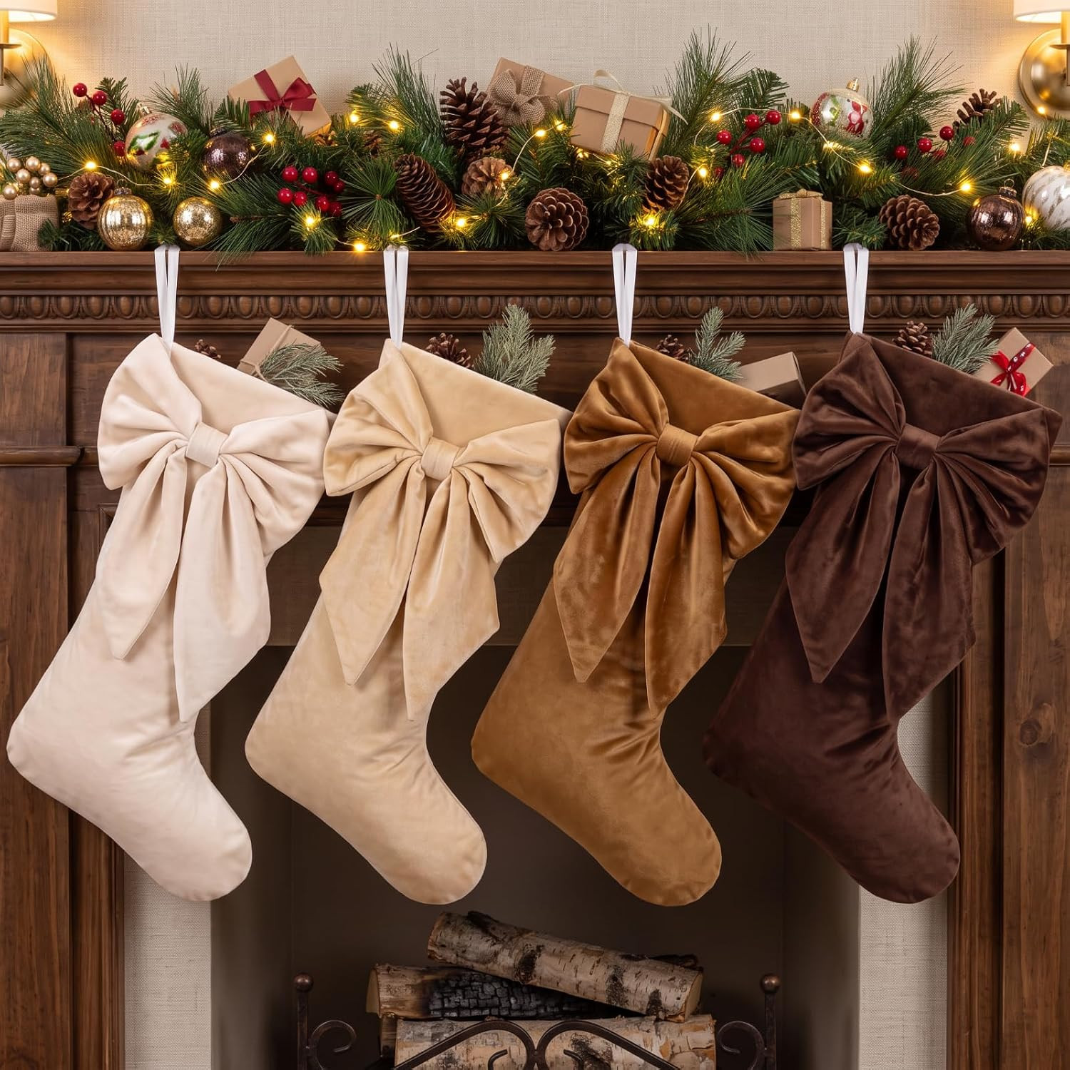 Seematn 4 Pack Brown Series Velvet Christmas Bow Stockings 18" Coquette | Amazon (US)