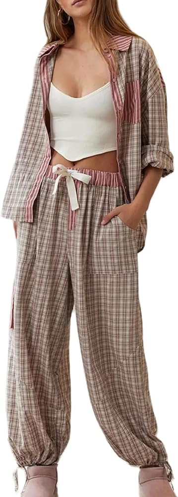 KMBANGI Women 2 Piece Lounge Y2k Pajamas Set Long Sleeve Button Down Shirt Wide Leg Pants Striped... | Amazon (US)