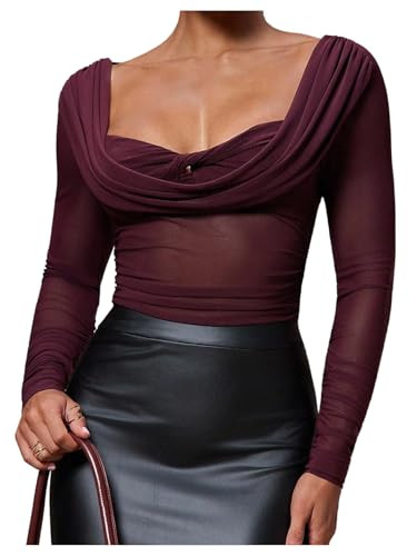 Milumia Women's Draped Long Sleeve Sheer Mesh Top Cowl Neck Ruched Fitted Going Out Tops Night Ou... | Amazon (US)