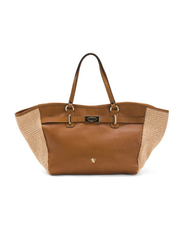 Leather Double Magnet Straw Tote With Belt Detail | TJ Maxx