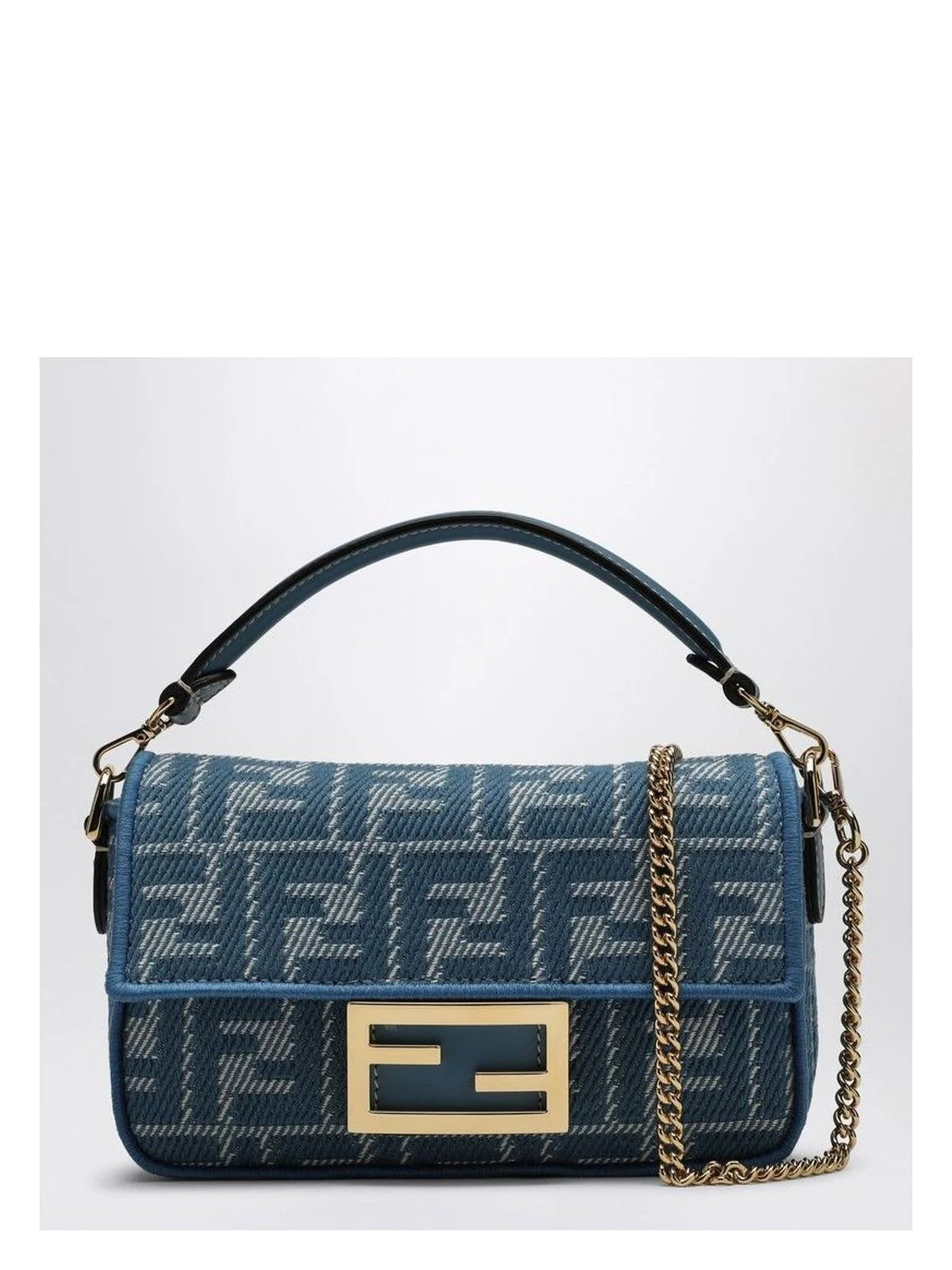 Fendi Women's Denim-Effect Ff Jacquard Mini Baguette Bag in Blue | 8BS017AUPX | LOZURI