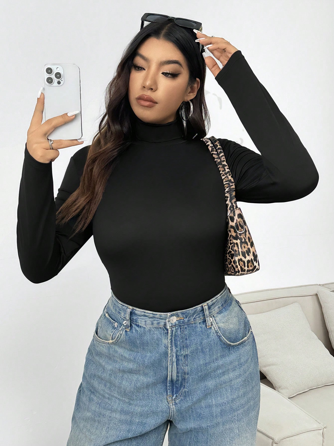 SHEIN EZwear Plus Size Black Turtleneck Casual Bodysuit, Spring/Autumn, Slim Fitted, Long Sleeve,... | SHEIN