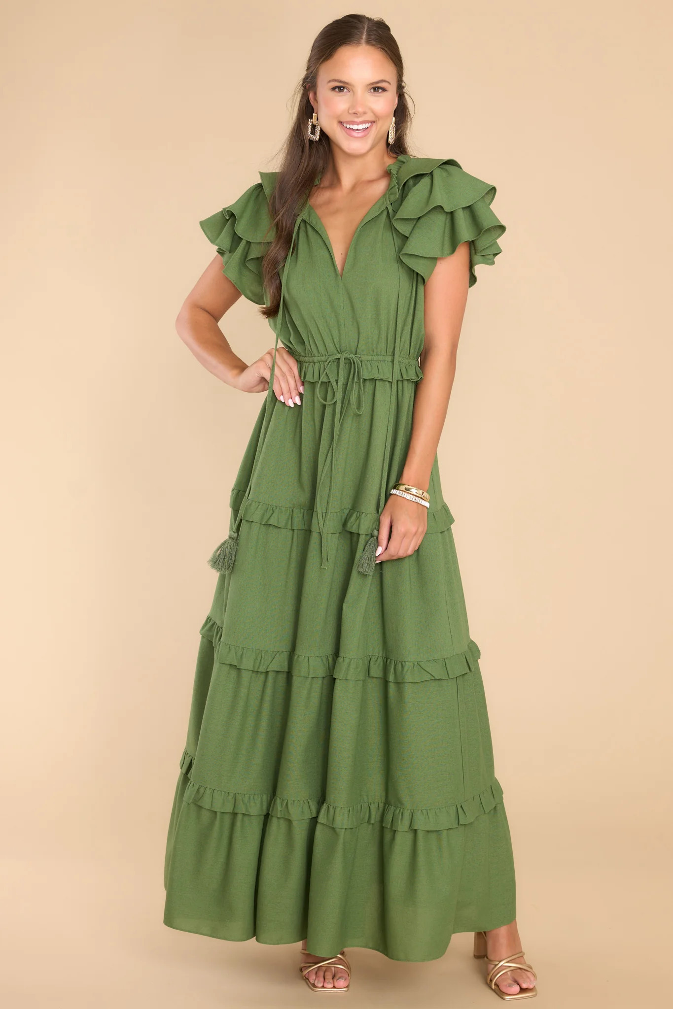 Ruffle Some Feathers Sap Green Maxi Dress | Red Dress 