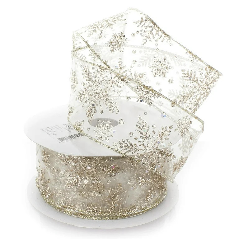 Ribbon Traditions Glitter Snowflakes Sheer Wired Ribbon 2 1/2 Inch By 10 Yards - Ivory / Gold | Walmart (US)