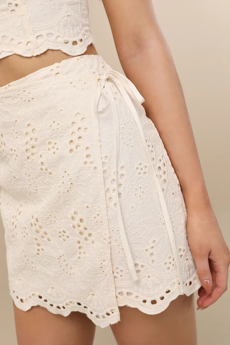 Kamilla Cream Eyelet Embroidered Mini Wrap Skirt | Lulus