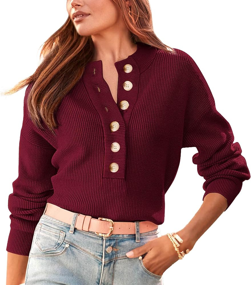 Okiwam Women's V Neck Button Sweater Loose Long Sleeve Cable Knit Pullover Fall Casual Jumper Top | Amazon (US)