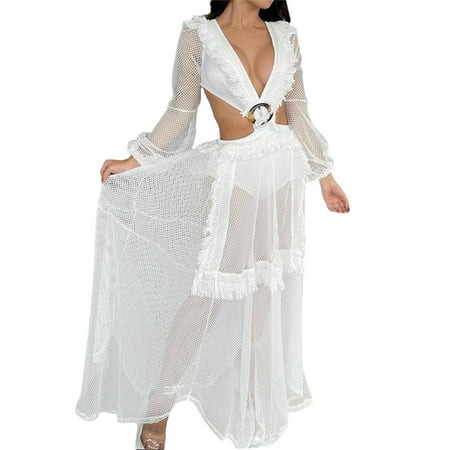 Kupretty Womens Cutout Beach Dress Fishnet Low-Cut High Waist See-Through Lace Patchwork Nightclub P | Walmart (US)