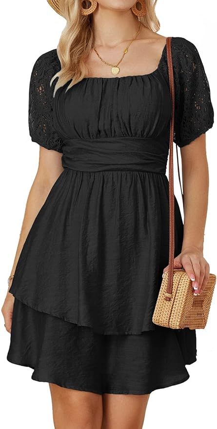 GRACE KARIN Women's 2023 Summer Dresses Square Neck Tie Back Lace Short Sleeve Tiered Swing A Lin... | Amazon (US)