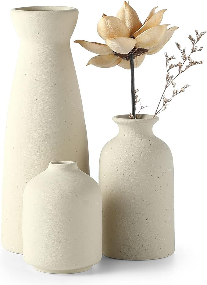 CEMABT Beige Ceramic vase Set-3 Small Flower vases for Decor,Modern Boho Farmhouse Home Decor,Dec... | Amazon (US)