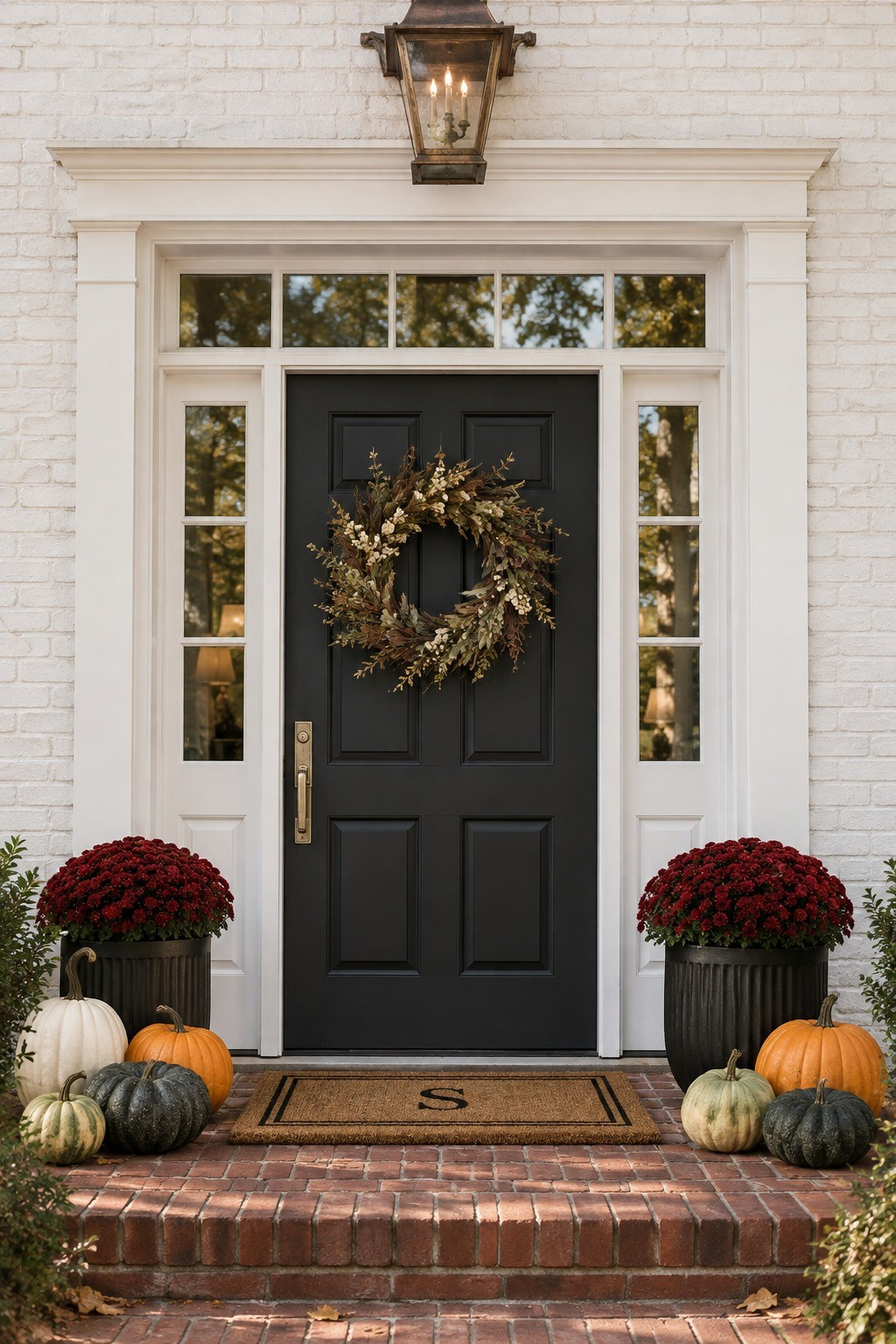 Fall front door. Moody fall decor. Fall wreath. Outdoor planter pots. Mums. Heirloom pumpkins. Faux pumpkins. Green pumpkin. Cream pumpkins. Doormat. Monogrammed doormat. Coir doormat. Welcome mat. Outdoor lighting. Sage green pumpkins 

#LTKSeasonal #LTKHome #LTKSaleAlert