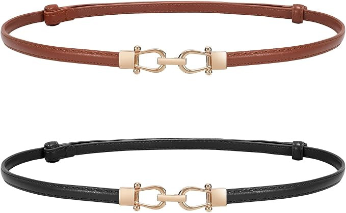 WERFORU Women 2 Pack Skinny Belt for Dress,Thin Waist Belt - Adjustable Leather Belt with Gold Bu... | Amazon (US)
