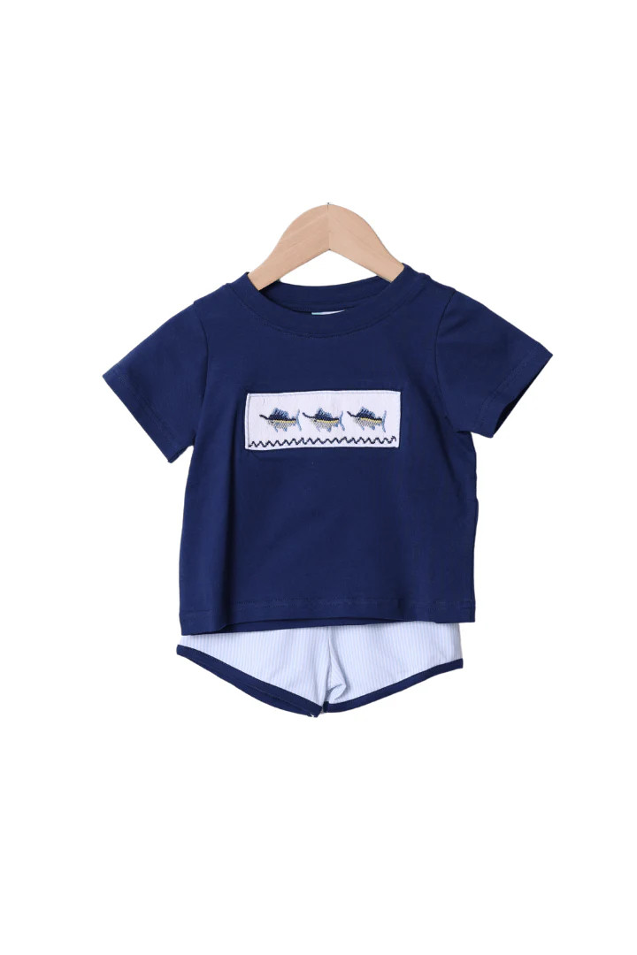 Smocked Swordfish Blue Stripe Short Set | The Smocked Flamingo